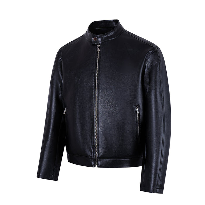 Front view of a black faux leather moto jacket with stand collar, central zipper, and two zippered pockets