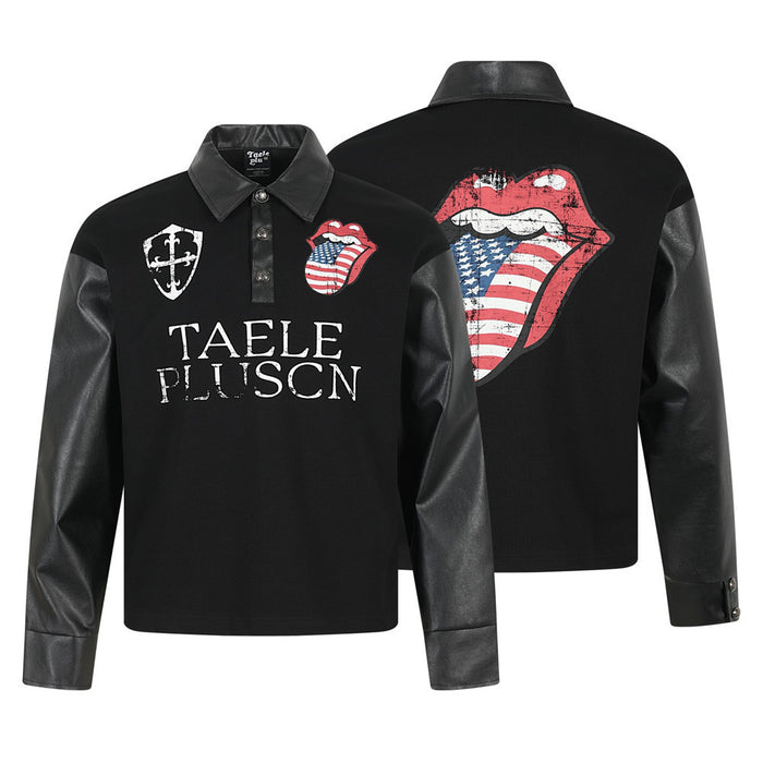 Men's black long-sleeve polo shirt with PU leather sleeves and distressed American flag tongue graphic print on the back