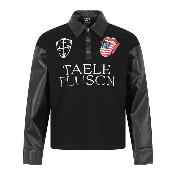 Front view of black polo shirt with black leather-look sleeves, white chest lettering, shield emblem and flag tongue graphic