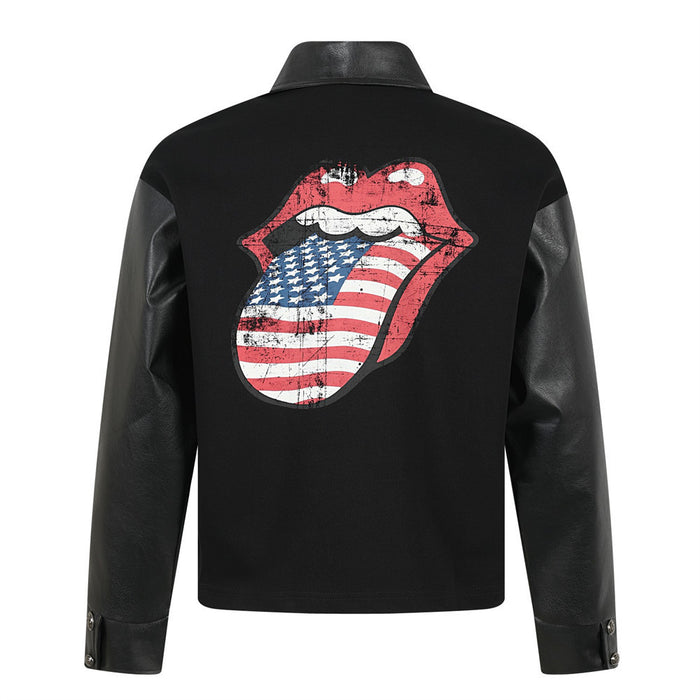 Back view of black polo shirt with black leather-look sleeves and large distressed red lips with an American flag tongue