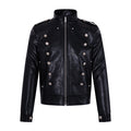 Men's black PU leather military jacket with double-breasted silver buttons and stand collar, front and back view