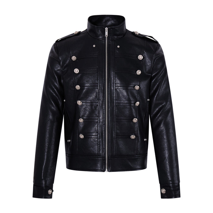 Men's black PU leather military jacket with double-breasted silver buttons and stand collar, front and back view