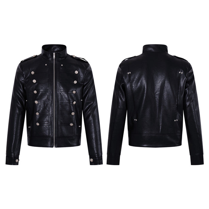 Black PU leather military jacket shown in front and back views with silver buttons and stand collar