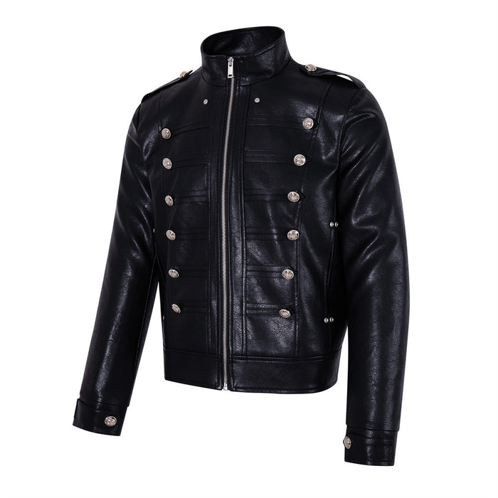 Front three-quarter view of a black PU leather military jacket with silver buttons and zip closure
