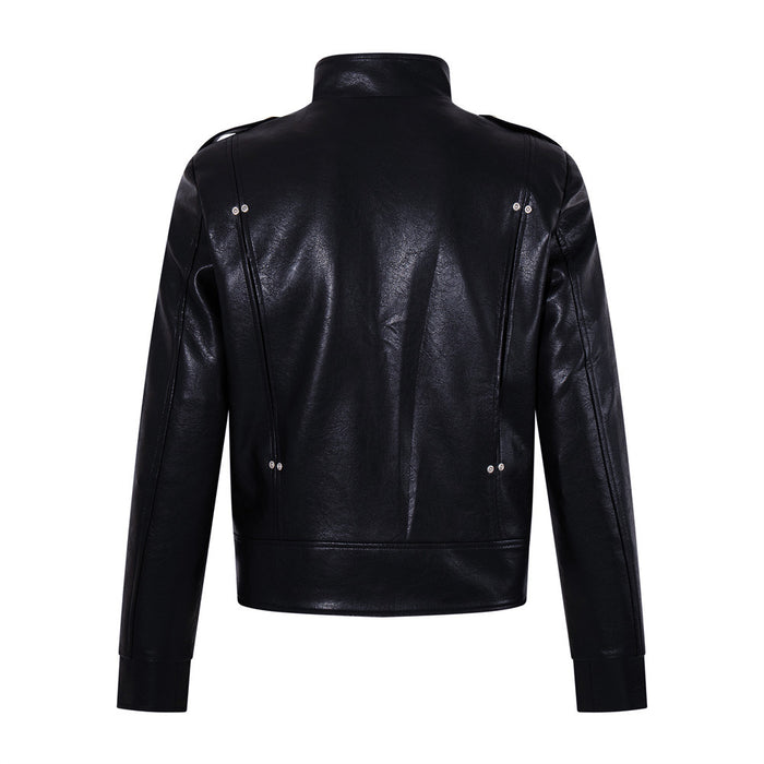 Back view of a black PU leather jacket showing the smooth panel construction and stand collar