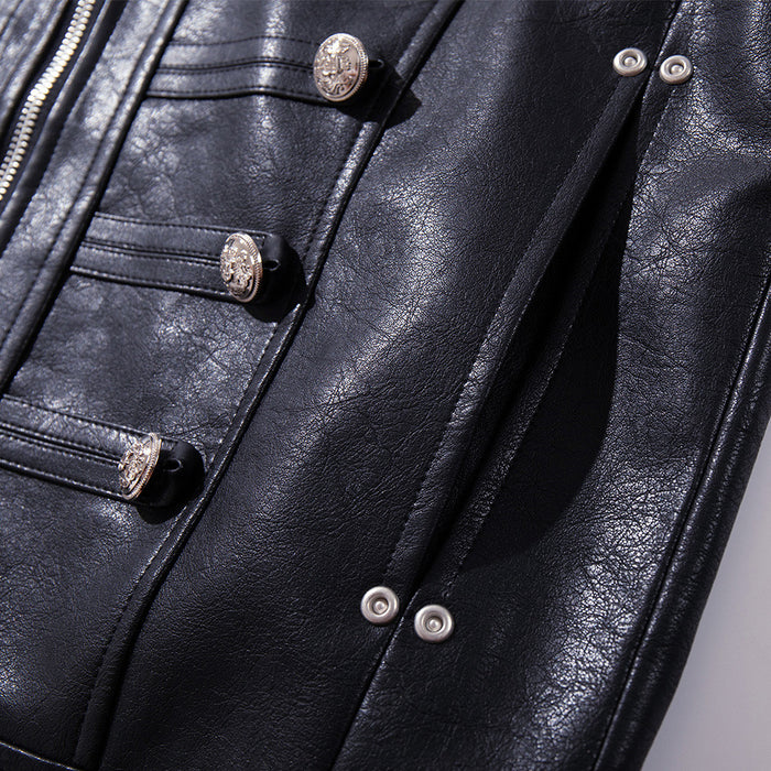 Close-up of black PU leather panels with silver buttons, stitched flap details, and snap fasteners