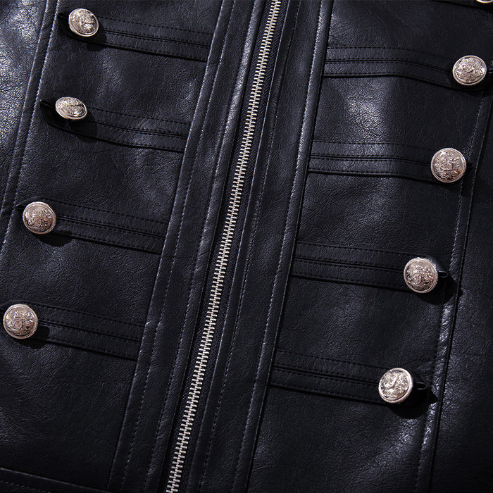 Detailed front close-up showing the central silver zipper and rows of silver buttons on black panels