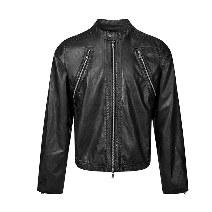 Men's black PU leather moto biker jacket with band collar, chest zip pockets, and decorative centre-front zip trim, front vie