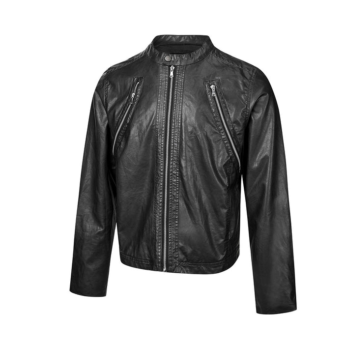 Black PU leather moto jacket front view with stand collar, central zipper, and two diagonal zippered pockets