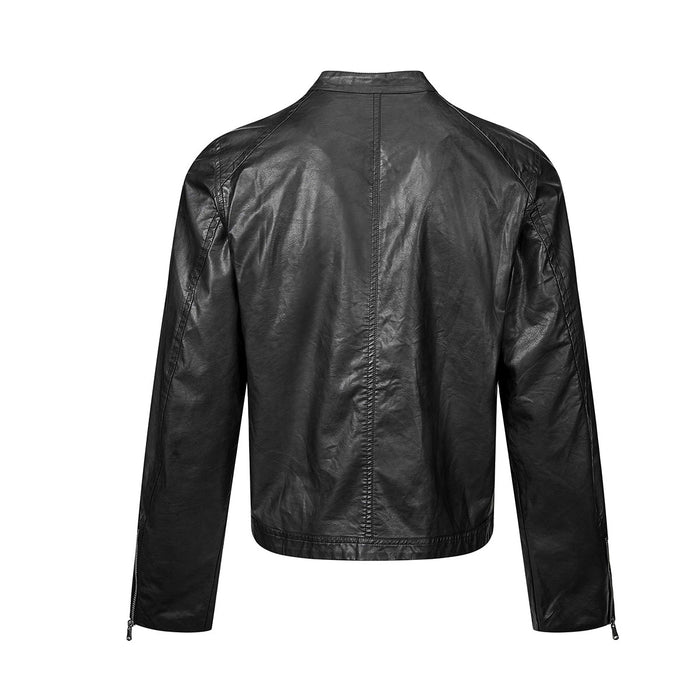 Black PU leather moto jacket back view showing a plain panel, center seam, and zippered sleeve cuffs