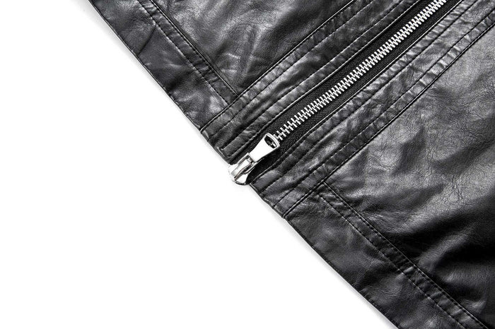 Close-up of the jacket front hem with a metal zipper, leather-look texture, and parallel stitching