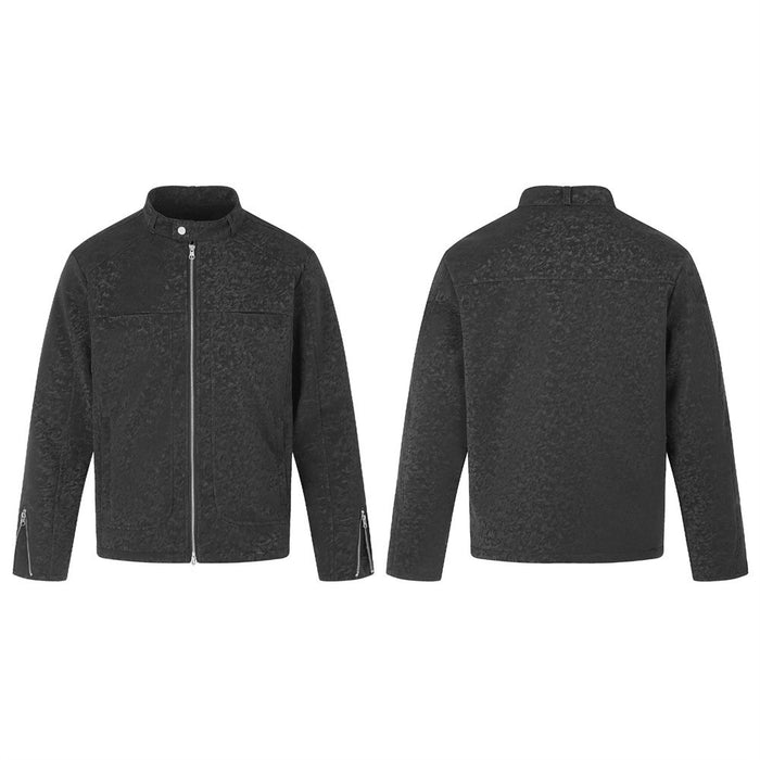 Black stand-collar moto jacket shown in front and back views with textured fabric and silver zippers