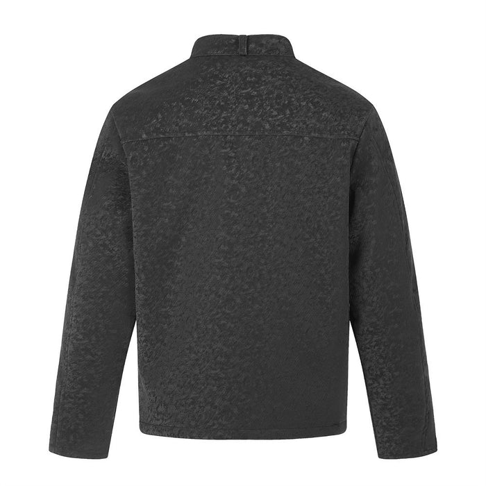 Back view of a black textured stand-collar moto jacket with long sleeves and a horizontal shoulder seam