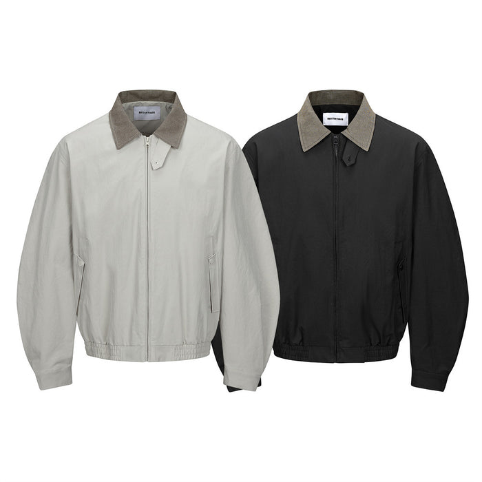 Two bomber jackets shown from the front in light gray and black, both with brown houndstooth collars