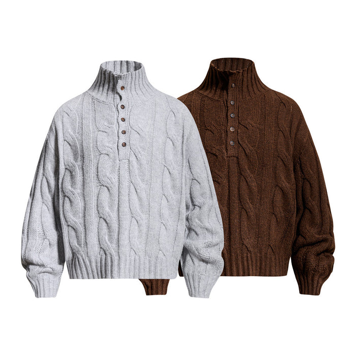 Two cable knit mock neck sweaters in light gray and brown, shown from the front with button plackets
