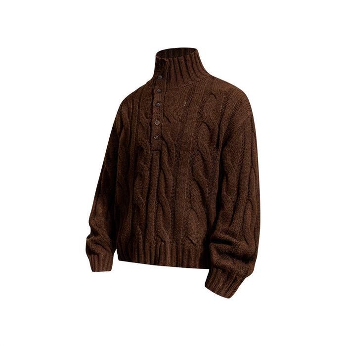 Brown cable knit mock neck sweater shown from a front three-quarter view with button placket and ribbed cuffs