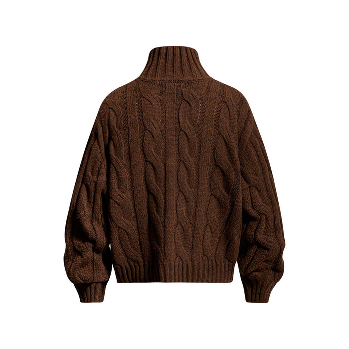 Brown cable knit mock neck sweater shown from the back with braided knit panels and ribbed hem