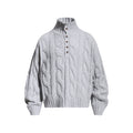 Light gray cable knit mock neck sweater shown from the front with a five-button placket and ribbed cuffs