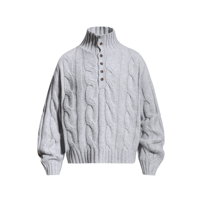 Light gray cable knit mock neck sweater shown from the front with a five-button placket and ribbed cuffs
