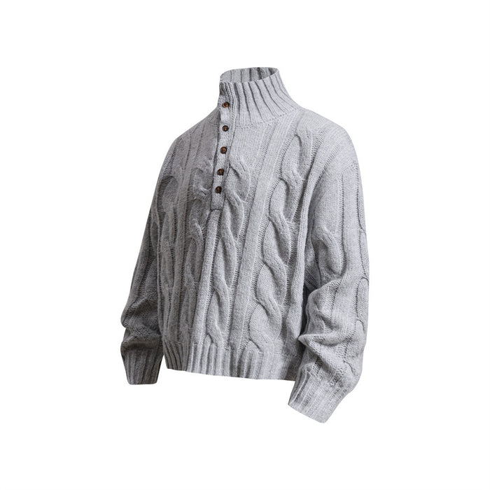 Light gray cable knit mock neck sweater shown from a front three-quarter angle with textured braided knit panels