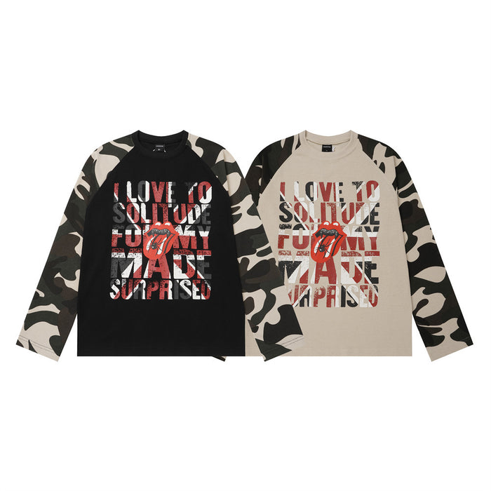 Two front-view raglan shirts in black and beige with camouflage sleeves and red, white, and black rock graphics