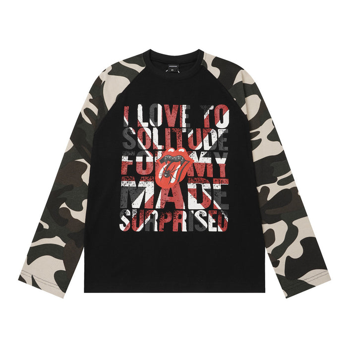 Men's black long-sleeve raglan shirt with camouflage sleeves and distressed rock graphic chest print