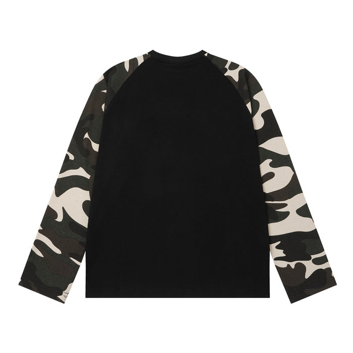 Back view of a black raglan long-sleeve shirt with contrasting camouflage sleeves