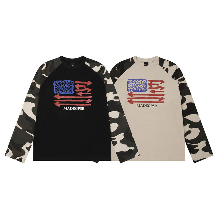 Two raglan waffle-knit shirts shown from the front in black and beige with camouflage sleeves and arrow graphics