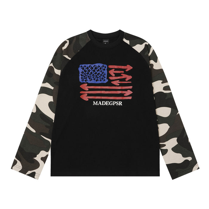 Men's black camo raglan long-sleeve tee with arrow-flag waffle-knit graphic print on chest