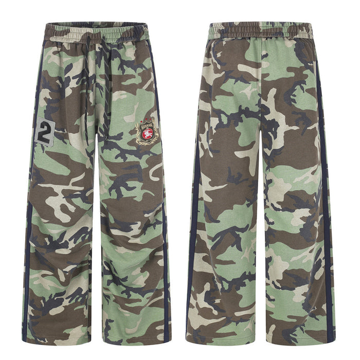 Camo wide-leg sweatpants shown front and back with navy side stripes, emblem patch, and number 2 detail