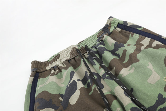 Close-up of camouflage sweatpants waistband with elastic gathering and black drawstring