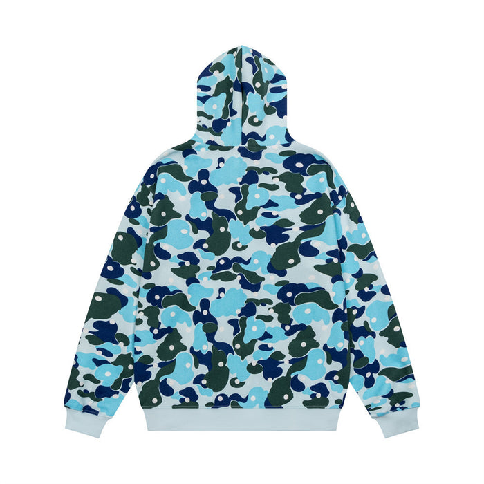 Blue camouflage zip-up hoodie shown from the back with a hood, long sleeves, and ribbed cuffs
