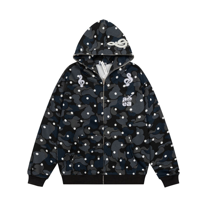 Black and gray camouflage zip-up hoodie front with hood, pockets, and white music note embroidery