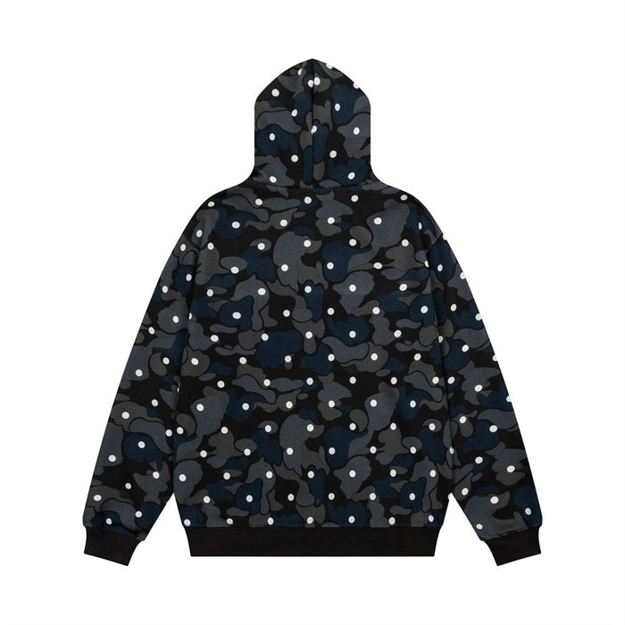 Black and gray camouflage zip-up hoodie shown from the back with a hood and ribbed hem