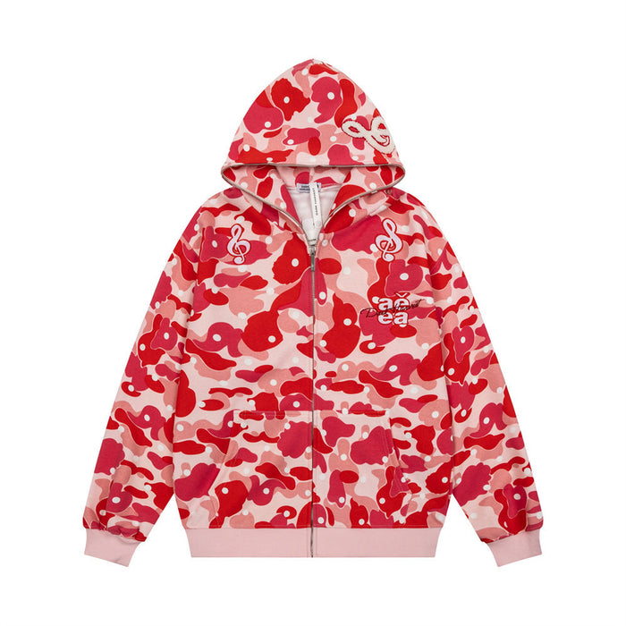 Red and pink camouflage zip-up hoodie front with hood, pockets, and white music note embroidery