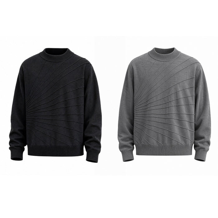Front view of black and gray crew neck sweaters with radiating raised-line knit details