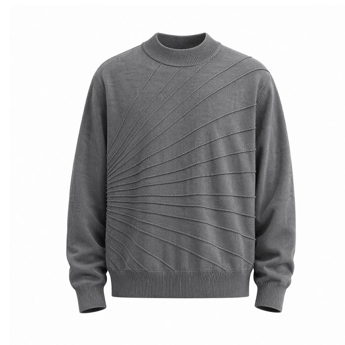 Men's crew neck sweater with radiating raised-line knit pattern on front panel in grey
