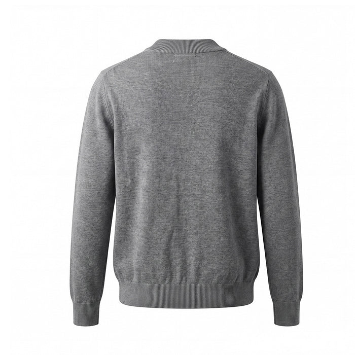 Back view of a gray crew neck sweater with long sleeves and ribbed collar, cuffs, and hem