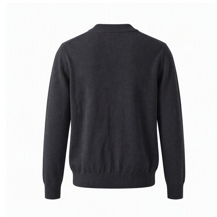 Back view of a black crew neck sweater with plain knit fabric and ribbed collar, cuffs, and hem
