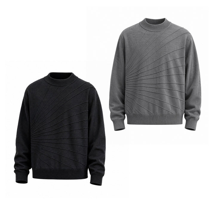 Black and gray crew neck sweaters shown from the front with radiating raised-line knit patterns