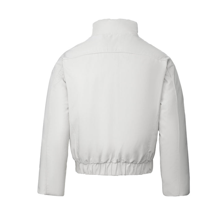 White cropped puffer bomber jacket shown from the back with a stand collar, long sleeves, and elasticized hem