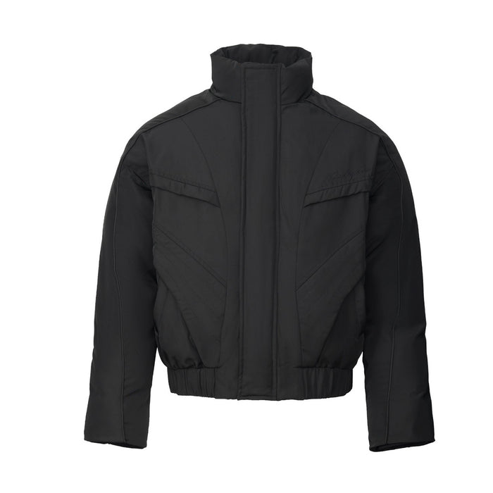 Black cropped puffer bomber jacket shown from the front with a stand collar and geometric front seam detailing