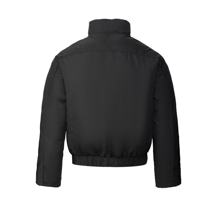 Black cropped puffer bomber jacket shown from the back with a stand collar and gathered elastic hem