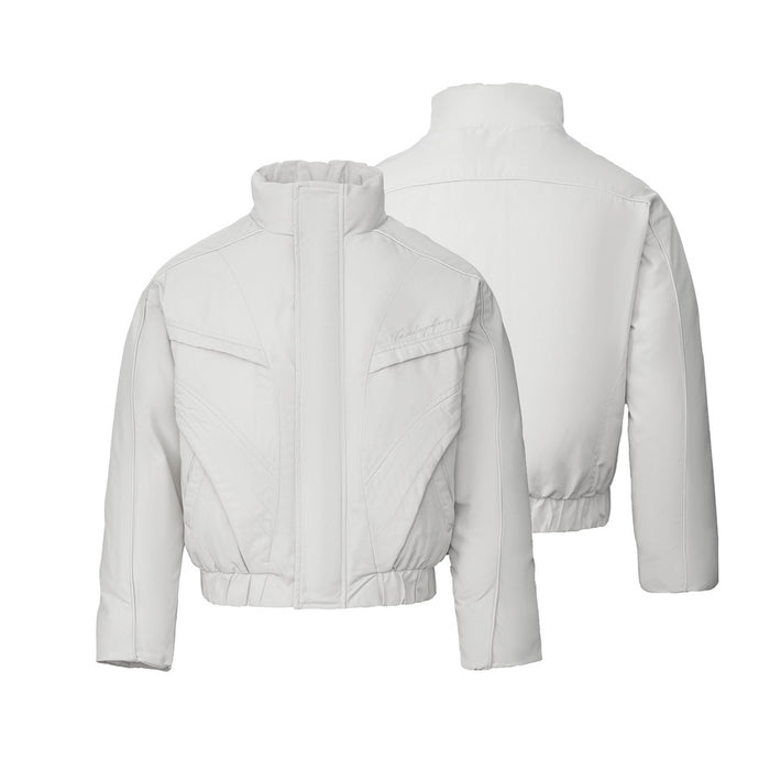 White cropped puffer bomber jacket shown from front and back, highlighting the stand collar and cropped fit
