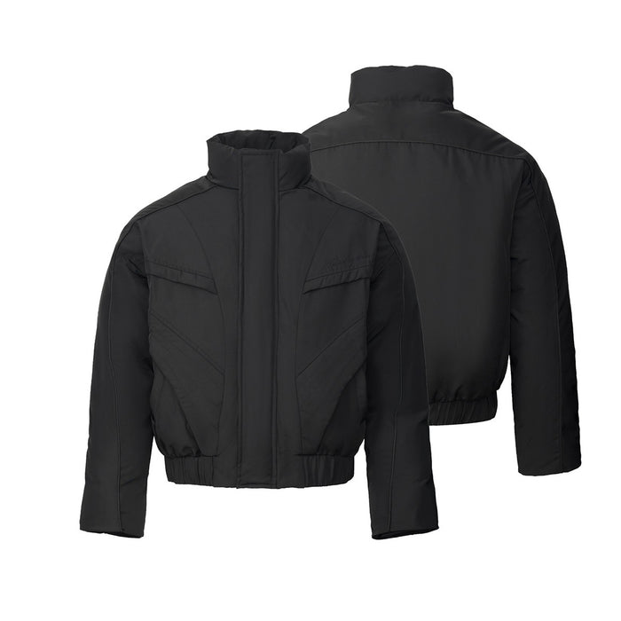 Black cropped puffer bomber jacket shown from front and back with geometric seams and elasticized hems