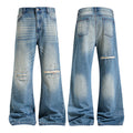 Men's washed blue wide-leg flare jeans with knee distressing and silver stud details, front and back view