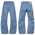 Men's steel blue wide-leg pants with double waistband, curved seam paneling, and raw frayed hem, front and back view