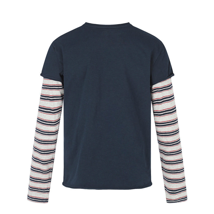 Back view of a navy faux two-piece tee with white sleeves featuring black and red horizontal stripes