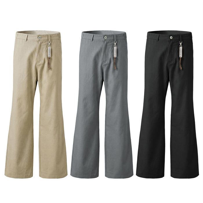 Wide-leg trousers shown from the front in beige, gray, and black with flared hems and hanging zipper tags