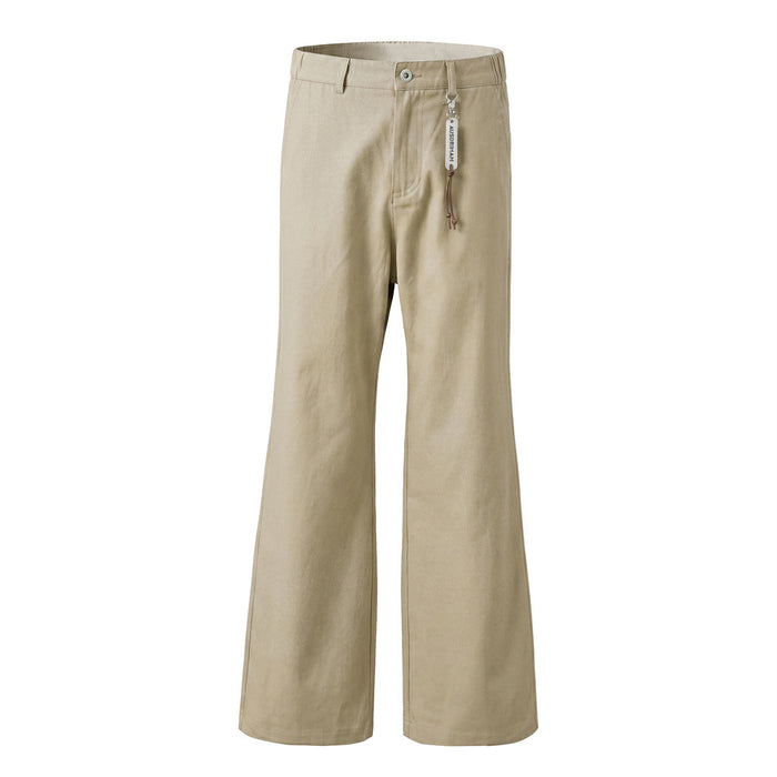 Beige wide-leg trousers shown from the front with belt loops, button closure, front pocket, and flared hems